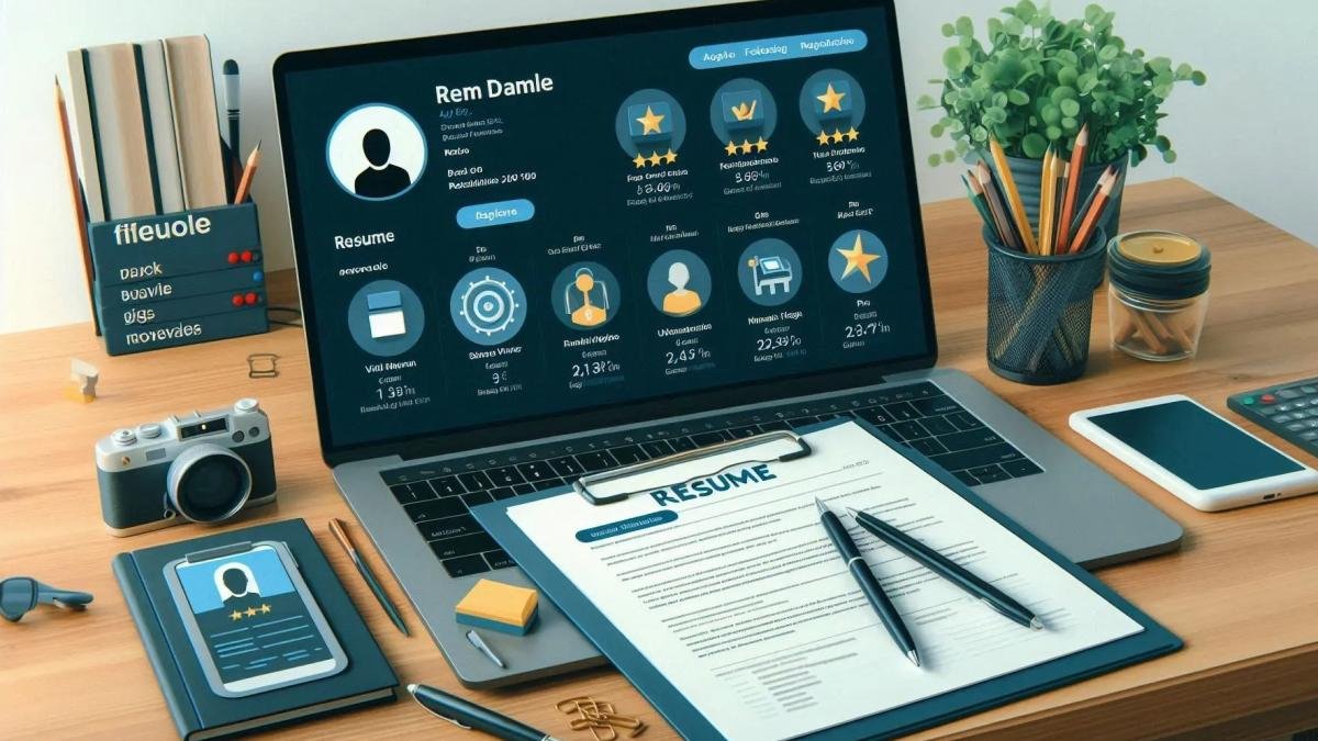 A resume next to a laptop displaying a freelancer profile with gigs and ratings.