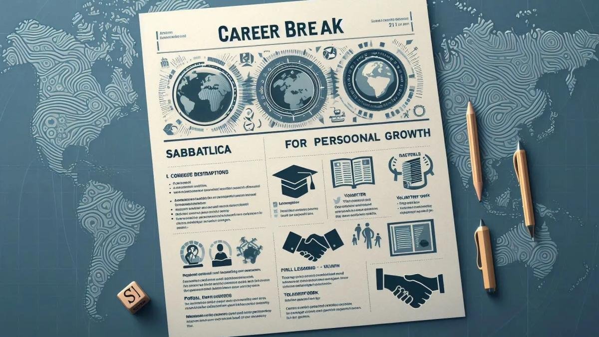A travel-themed resume with a globe and passport as icons for the career break section.