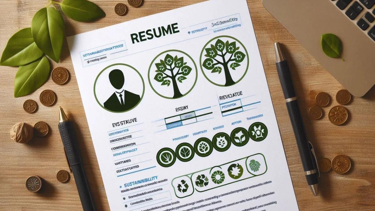 A resume with icons of trees or eco-friendly symbols and a “Sustainability Initiatives” section.