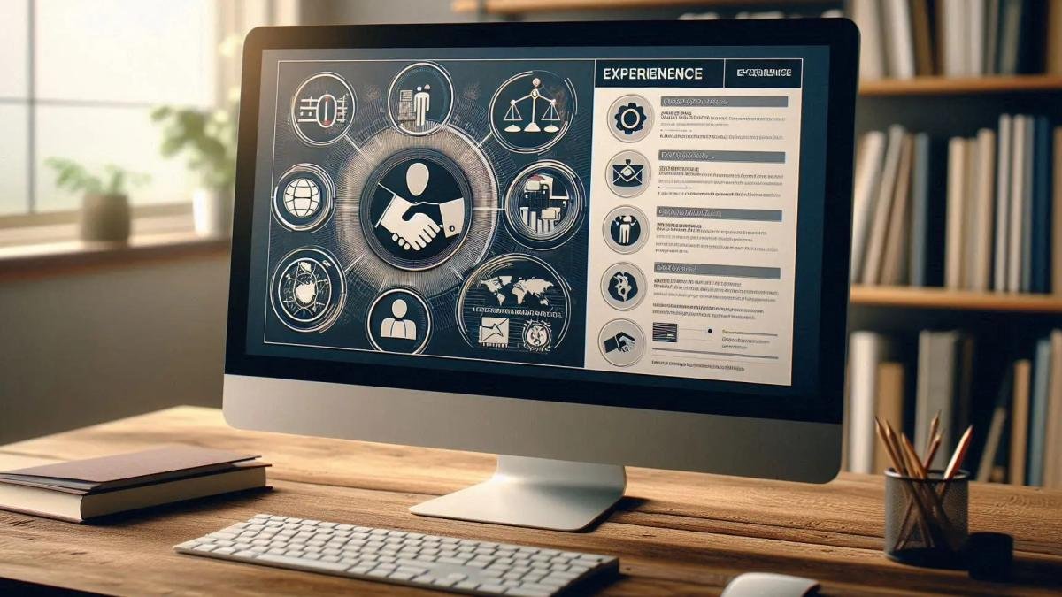A computer screen showing a professionally designed resume with icons of various international symbols
