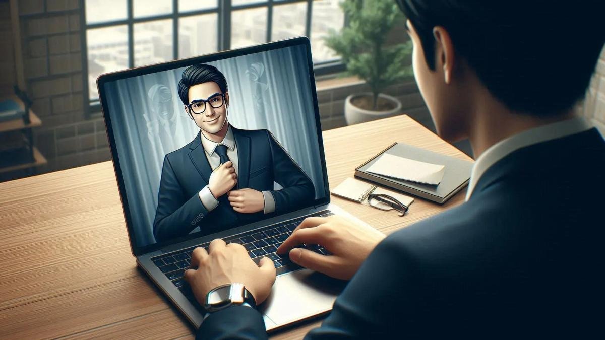 Display a person working on a laptop, with their reflection in the screen