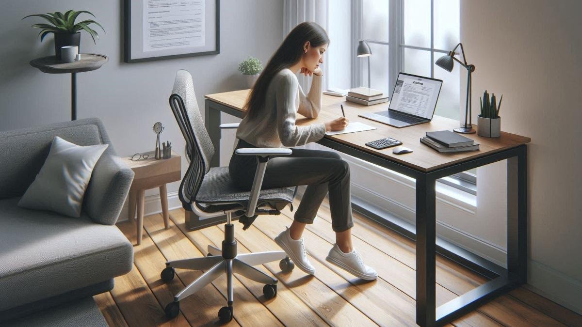 A person working at a tidy home office desk with a laptop, notebook, and calculator.