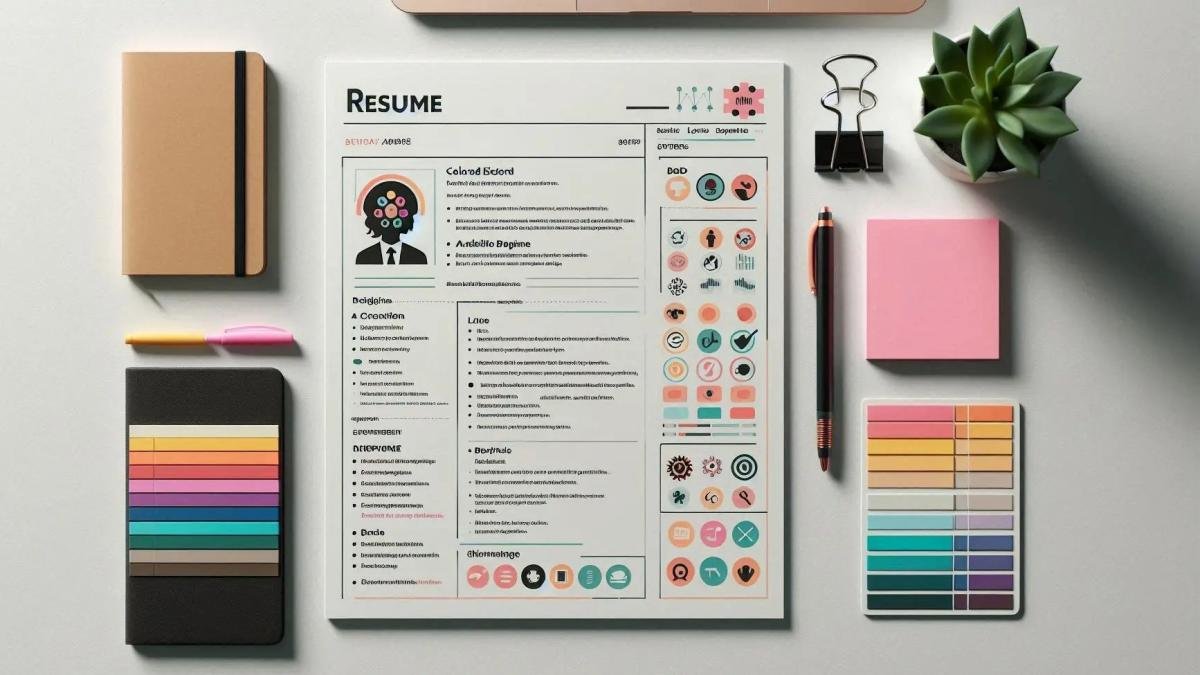 A visually simple resume with color coding and icons designed to be easily readable for neurodivergent individuals.