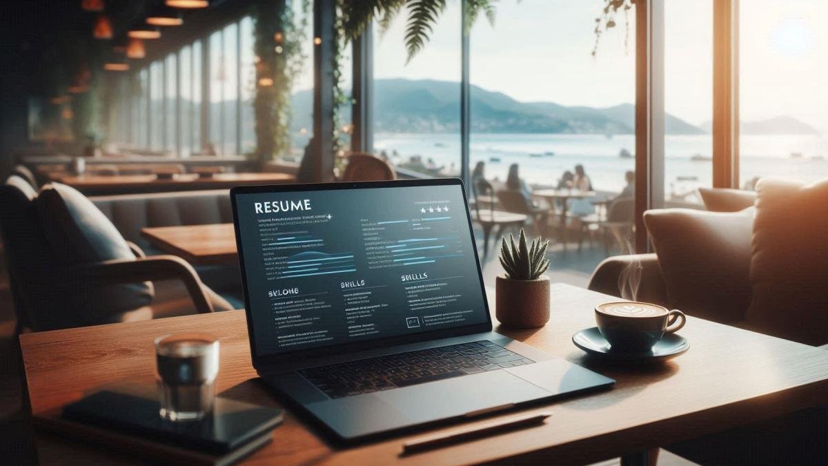 A laptop open on a cozy café table with a resume displayed on the screen.
